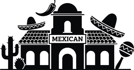 Mexican restaurant building with sombreros cacti and chili peppers