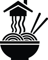 Stylized icon of steaming noodles in a bowl with chopsticks