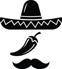 Mexican sombrero chili pepper and mustache icon