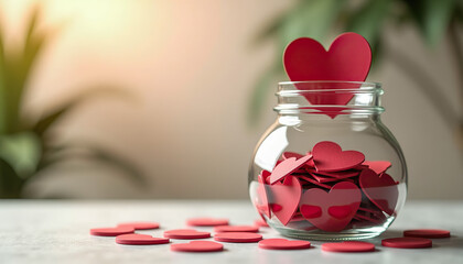 Giving Tuesday. Glass jar filled with red heart-shaped tokens showcasing love and affection in a serene setting