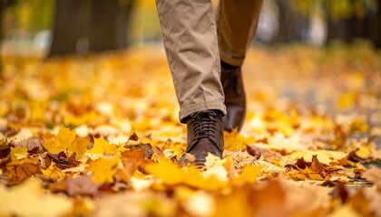 Legs and feet walking forward through fallen yellow leaves in fall