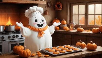 Cheerful Chef Character in Autumn Kitchen with Pumpkins and Cookies