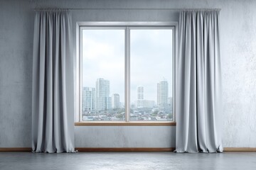 Fototapeta premium Modern room with a large window and gray curtains revealing city skyline.