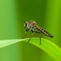 Macro Shot of a Robber Fly on a Green Leaf