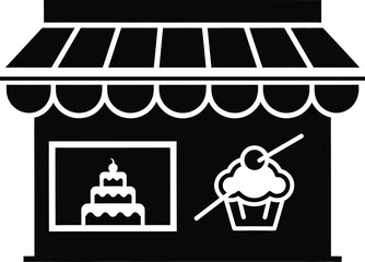 Black and white icon of a bakery with cake and cupcake
