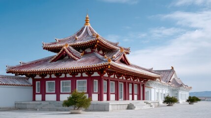 Fototapeta premium Traditional Asian Temple Roof Covered in White Snow Under a Clear Blue Sky With White Clouds and Small Green Trees in the Foreground