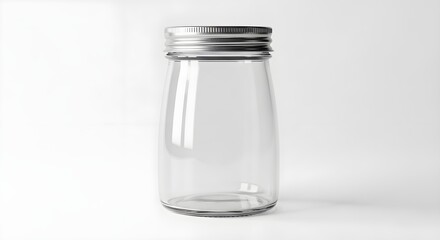 A clear empty glass jar with a shiny metal lid placed on a plain white background, showcasing a minimalist and clean design perfect for product packaging kitchen storage, or creative mock-u present 