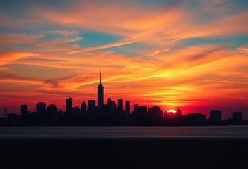 Obraz premium City skyline silhouetted against a vibrant sunset sky, night, cityscape