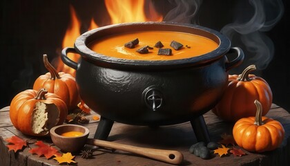 Pumpkin Soup in Black Cauldron with Autumn Decor and Fire