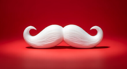 A white mustache on a red background, a symbol of masculinity and style, perfect for barbershop ads or mens fashion concepts