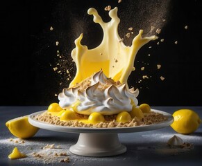 Vibrant Lemon Meringue Pie with Splash of Custard and Cracker Crust