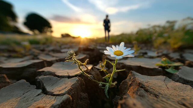 Silhouetted observer against sunset with sharp white daisy breaking through severely cracked soil in foreground, with copy space