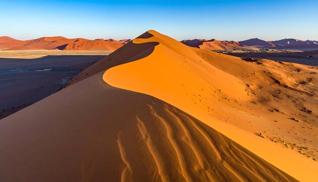 Golden sand dune crest against a clear blue sky and distant dunes