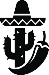 Mexican sombrero cactus and chili pepper silhouette icon