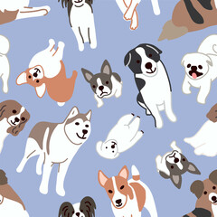 Obraz premium Seamless pattern with various cute dog breeds in playful poses on a blue background