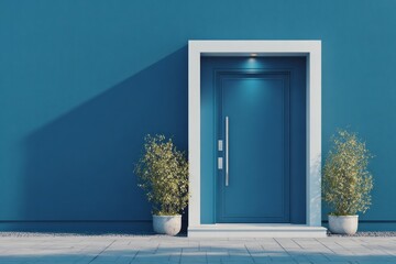 Blue front door with minimalist architectural design and potted plants.