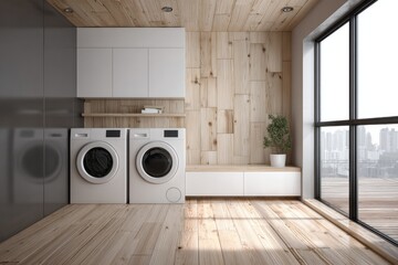 Modern laundry room with two washing machines and city view.