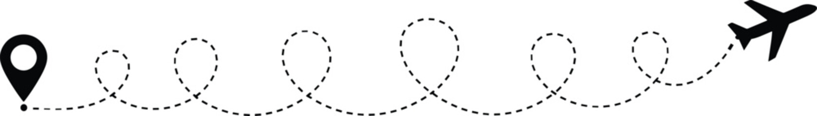 Airplane dotted path vector: route or journey line with GPS pin location symbol for travel, vacation, or delivery concept.