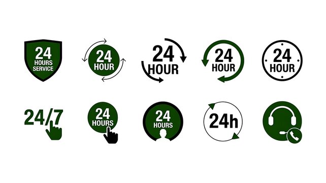 Collection of 24 hour service and 24/7 icons in green and black symbol 24 hours