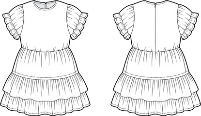 Girl’s tiered dress flat sketch, fashion technical drawing, ruffle sleeve garment design, kidswear apparel illustration, layered clothing vector for stock
