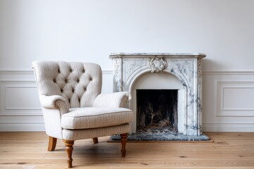 Upholstered armchair and marble fireplace in a bright room.