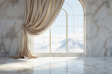 Elegant room with marble walls and a large arched window showcasing snowy mountains.