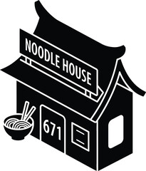 Stylized black and white noodle house restaurant building