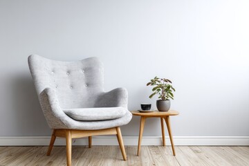 Comfortable armchair and side table with plant and drink.