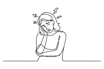 Cartoon of tired mother suffering from experiencing postnatal depression single mom motherhood stress. one line Icon drawing with white background