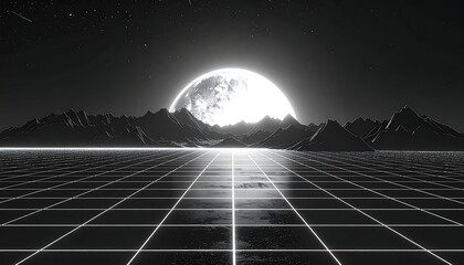 Black and white stylized landscape featuring a grid, mountains, and a radiant orb