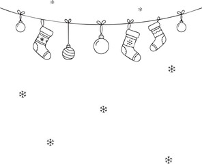 Black and White Line Art Christmas Hanging Decorations with Stockings, Ornaments, and Snowflakes