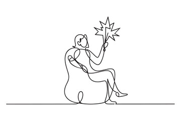 Drawing of businesswomaan sitting on bag chair celebrating e commerce. one line Icon drawing with white background