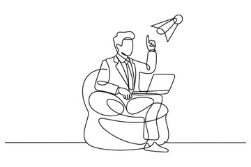 Drawing of businesswomaan sitting on bag chair celebrating e commerce. one line Icon drawing with white background