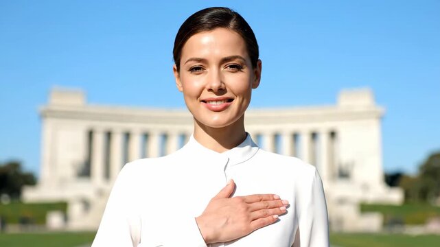 Woman pledging allegiance with hand over her heart outdoors