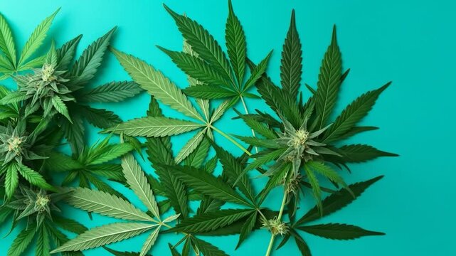 Fresh green cannabis leaves and buds on a vibrant blue green background with ample copy space for text or graphics