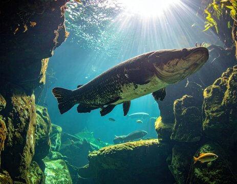 Large fish swimming in an aquatic environment, with sunlight beams - Powered by Adobe