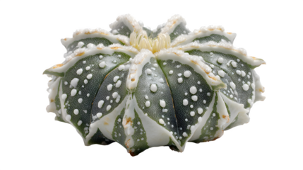 Closeup of a beautiful Astrophytum ornatum cactus with white spots and ribs against a showcasing its unique texture and form