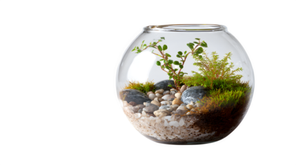 Miniature terrarium featuring small plants moss and decorative rocks displayed in a clear glass bowl against a stark creating contrast