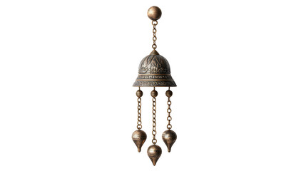 Ornate bronze bell with intricate carvings hangs suspended by delicate chains against a stark black backdrop creating a vintage aesthetic charm