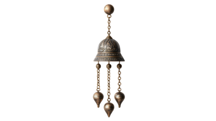 Ornate bronze bell with intricate carvings hangs suspended by delicate chains against a stark black backdrop creating a vintage aesthetic charm