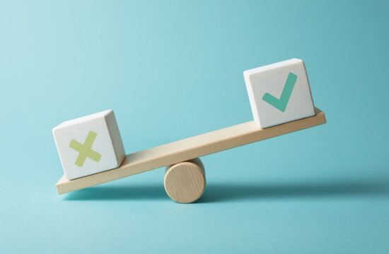 Balanced seesaw with checkmark and cross symbols representing decision making