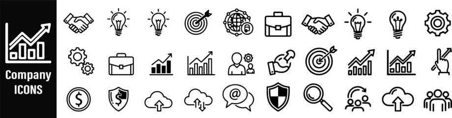 Company Icon Set – Business, Office, Businessman, Management, Meeting, Teamwork, Collaboration and Leadership. Editable Stroke, Colored Vector Illustration 