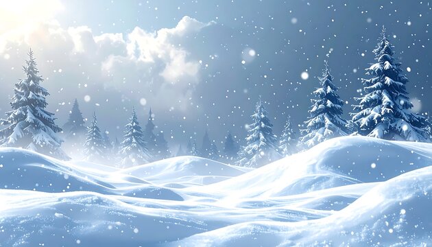 Snowy landscape with evergreen trees and falling snowflakes under cloudy sky