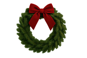 Christmas wreath with red bow, pine foliage, and festive holiday decoration on transparent background