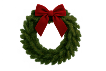 Christmas wreath with red bow, pine foliage, and festive holiday decoration on transparent background
