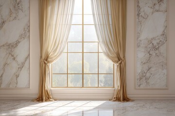 Elegant room with large window framed by draped curtains and marble walls.