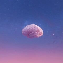 Brain balloon in pastel skies: conceptual art of thought, wisdom, and spiritual contemplation with psychology, inspiration, future
