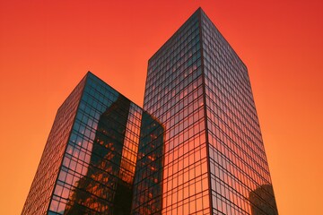 Modern Glass Skyscraper Towers Reflecting Warm Sunset Hues Creating a Striking Urban Architectural Panorama
