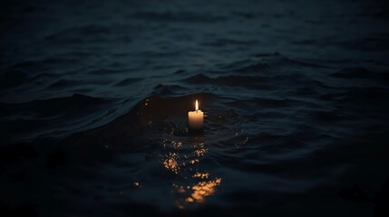 Ethereal candle flame glowing on gentle ocean waves, creating a serene and calming atmosphere perfect for meditation or mindfulness visuals