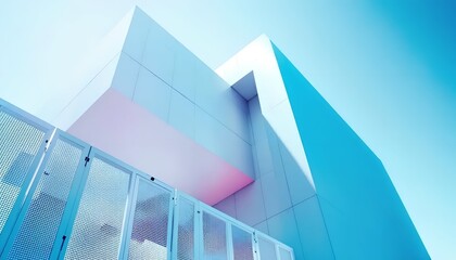 Modern Architectural Design Showcasing Sleek Lines and Geometric Forms Against a Clear Blue Sky, Emphasizing Contemporary Aesthetics